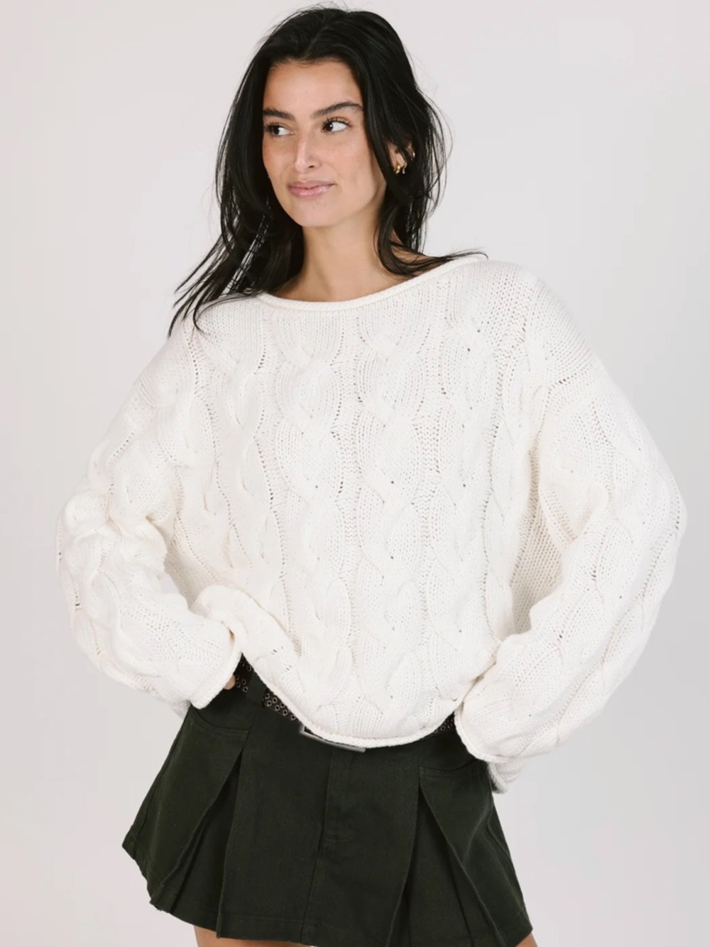 Grey Bandit Cozy Cable Knit Crewneck Sweater - White